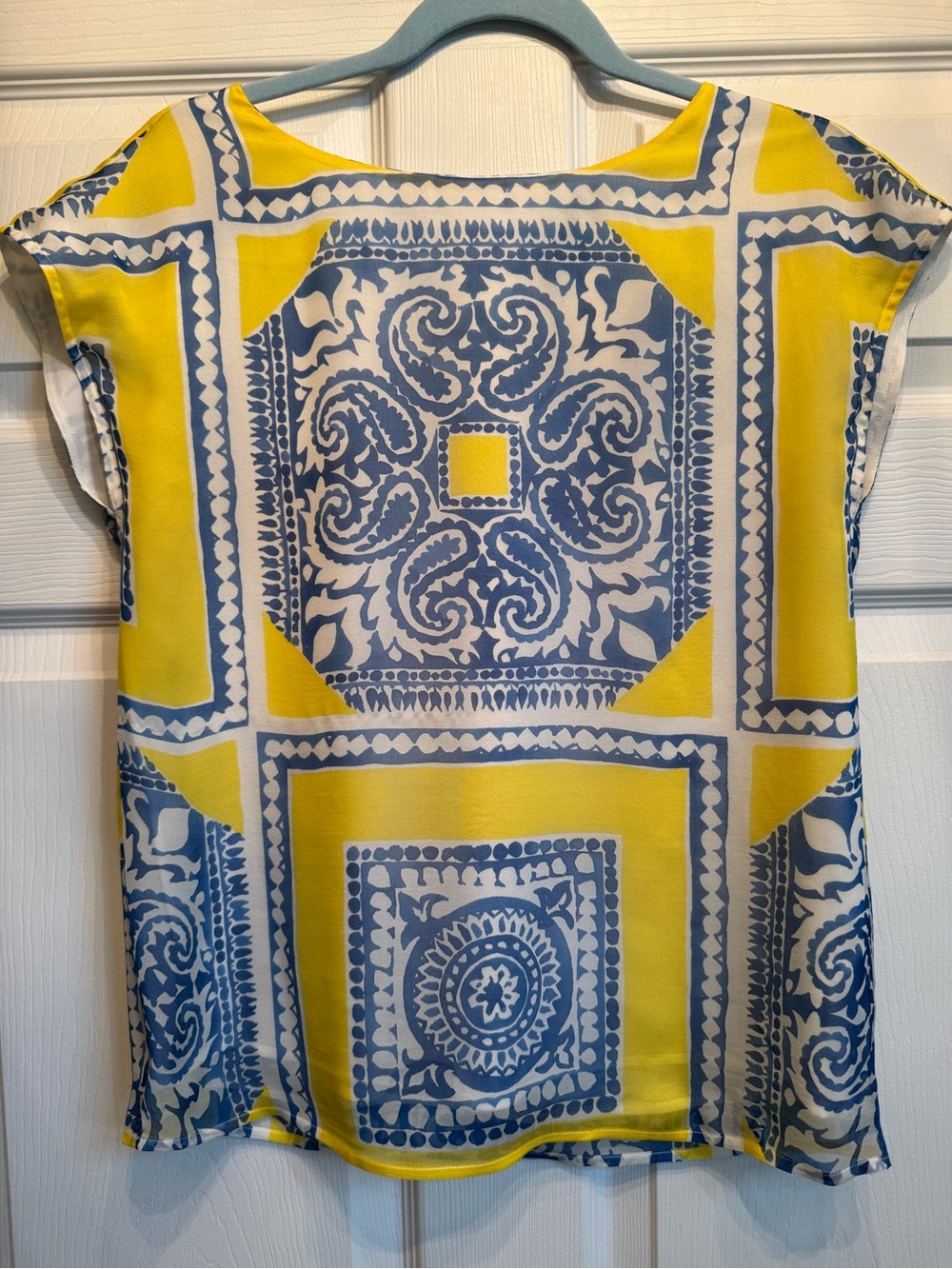 Vineyard Vines Yellow and Light Blue Printed Silk Top